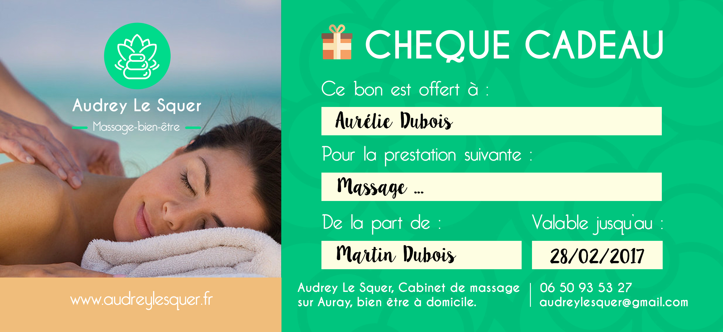 cheque cadeau carte massage auray morbihan offrir
